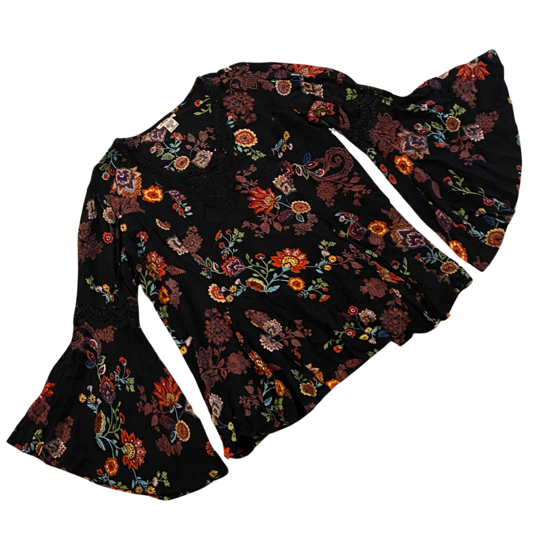 Vintage Black Floral Bell Sleeve Top (M)