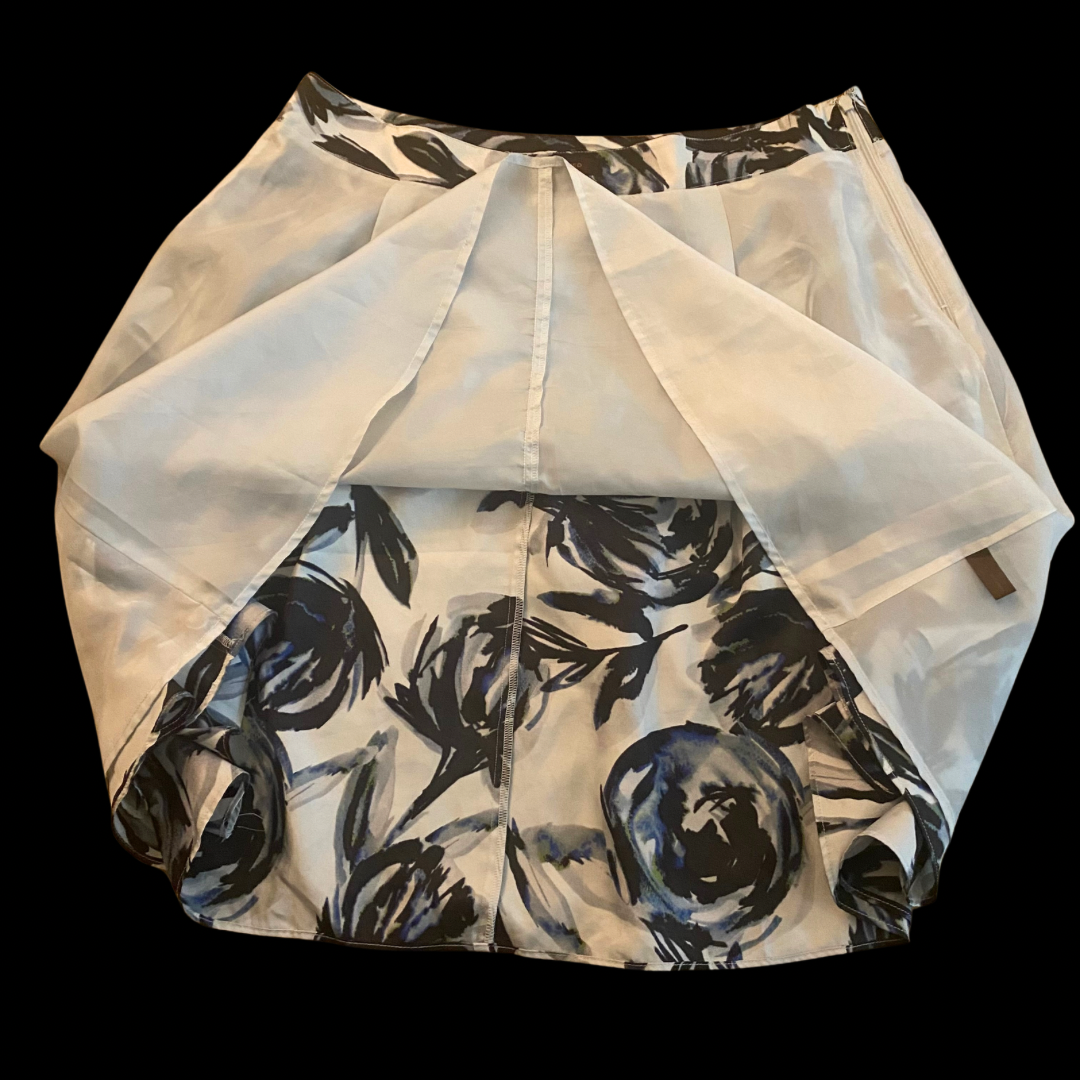 Midnight Blue Watercolor Floral Print Pleated Skirt (L)