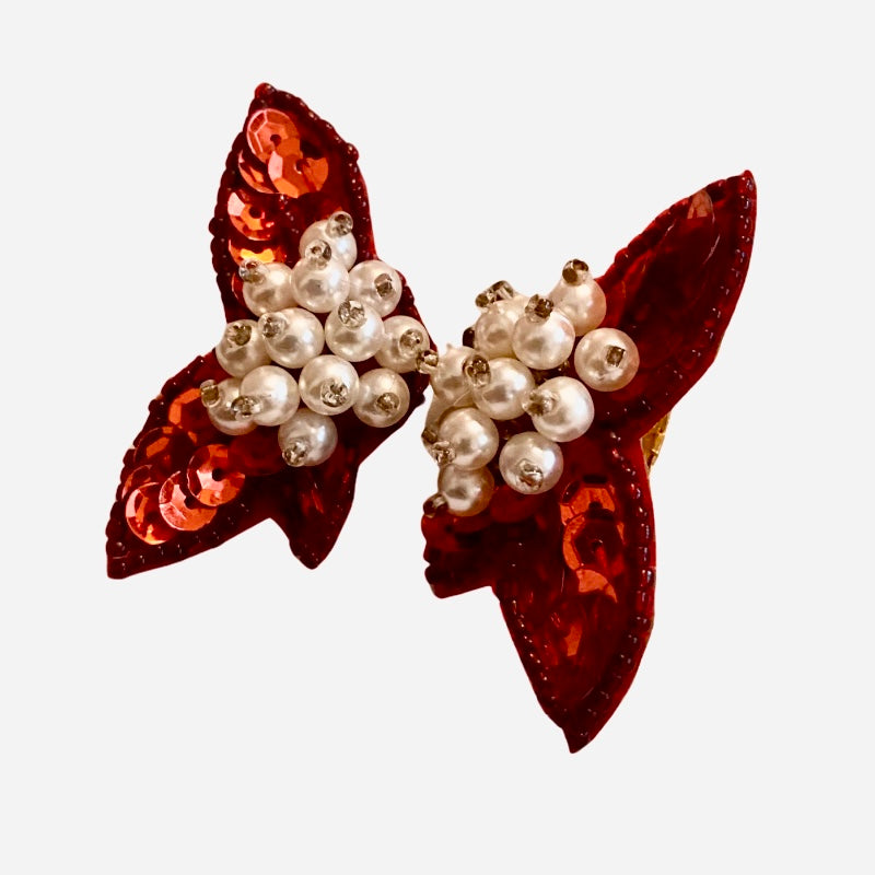 Red Sequin Pearl Beads Butterfly Wing Clip On Earrings