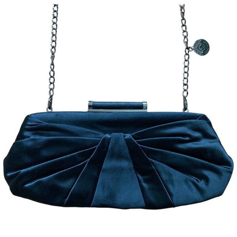 Y2K Cheetah Print Lined Pleated Black Satin Clutch/ Crossbody with Silver Chain Strap