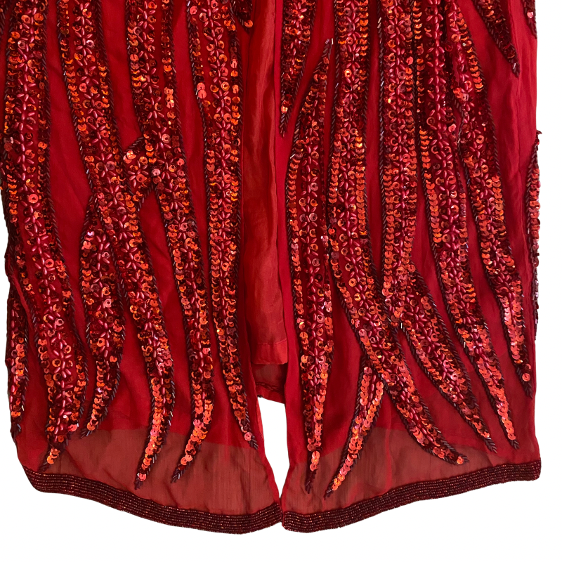 Vintage Handmade 100% Silk Red Bead Sequin Embroidered Halter Top Gown (XXS/XS)