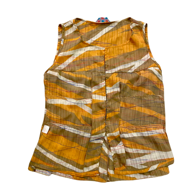 Abstract Orange/Taupe/White Striped Ruffle-Tiered Sleeveless Top (M)