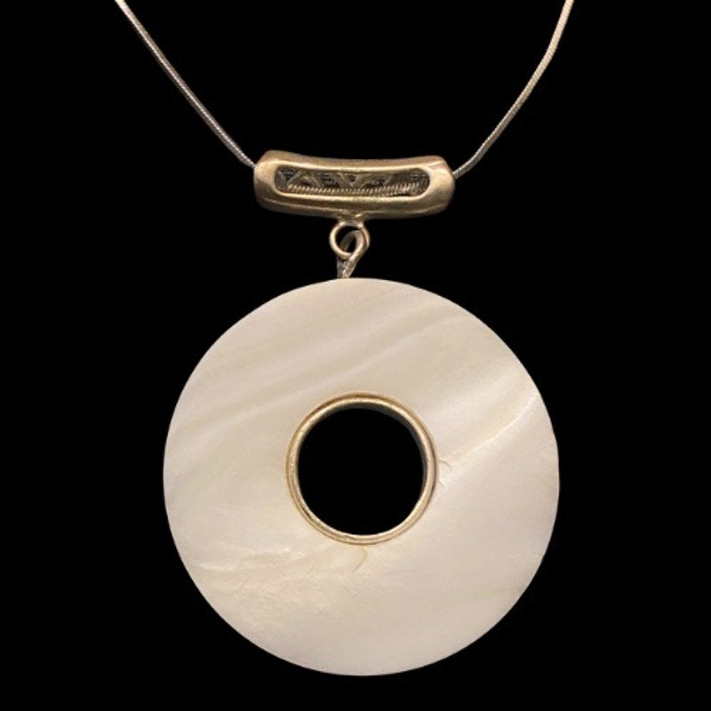 Fantastical Holographic Round Abalone Shell Mosaic Silver Vines Pendant Necklace