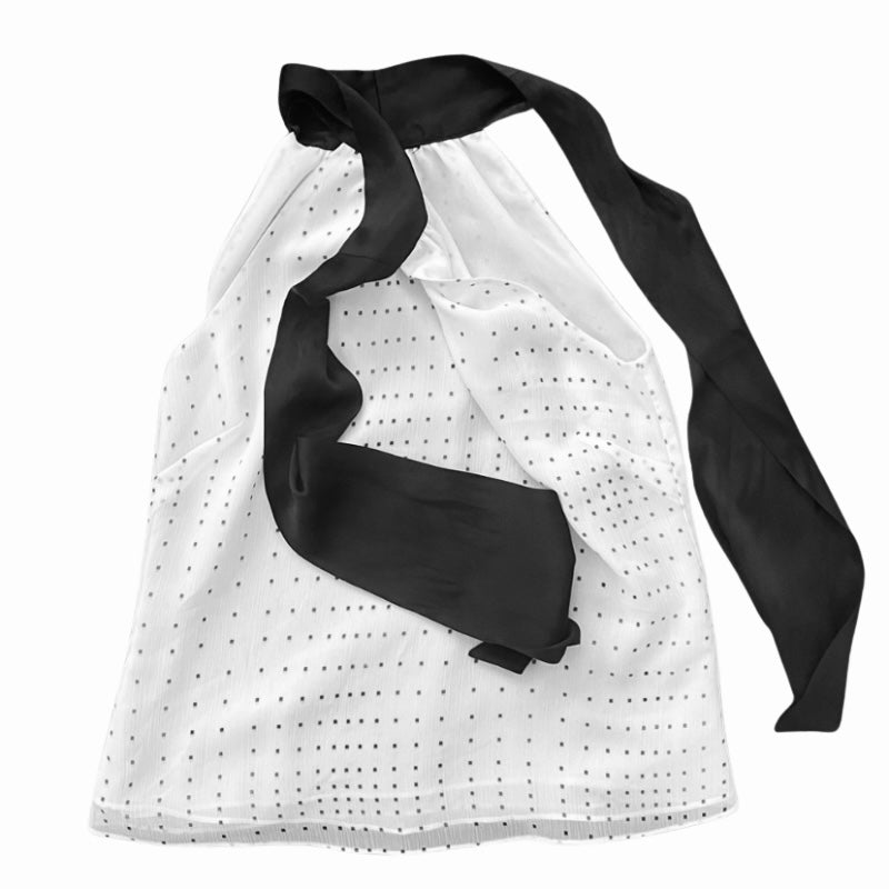 60’s Mod Black & White Polka Dot Sleeveless Bow Collar Blouse (M)