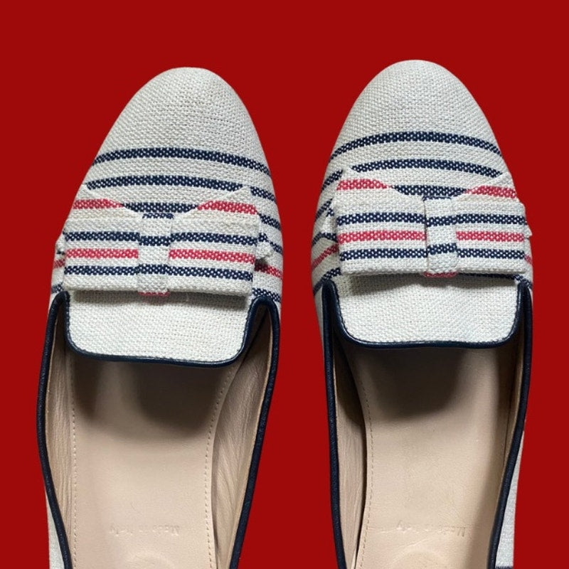 J. Crew White Blue & Red Woven Bow Detail Striped Canvas Leather Loafers (8)