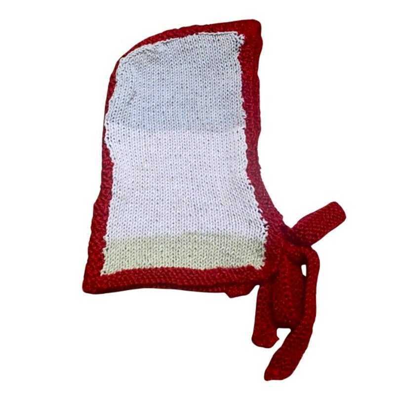 Striped Knit Cherry Red/ Neapolitan Bonnet-clava - Balaclava with Tie Closure (M)