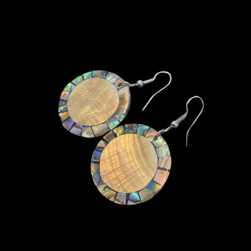 Mother of Pearl & Abalone Shell Mosaic Disc Drop Earrings Black/Rainbow Prism