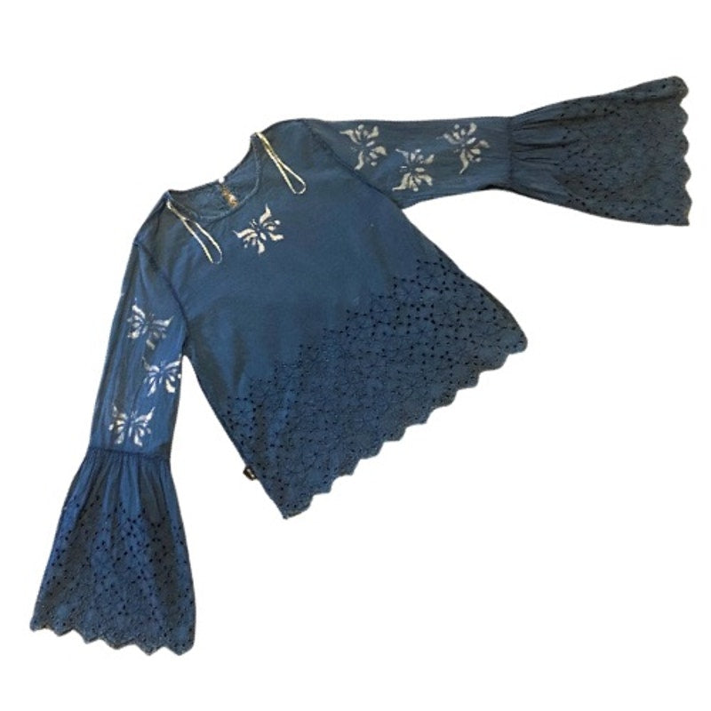 Breezy Indigo Blue & White Butterfly Bell Sleeve Lace Hem Cotton Blouse (M)
