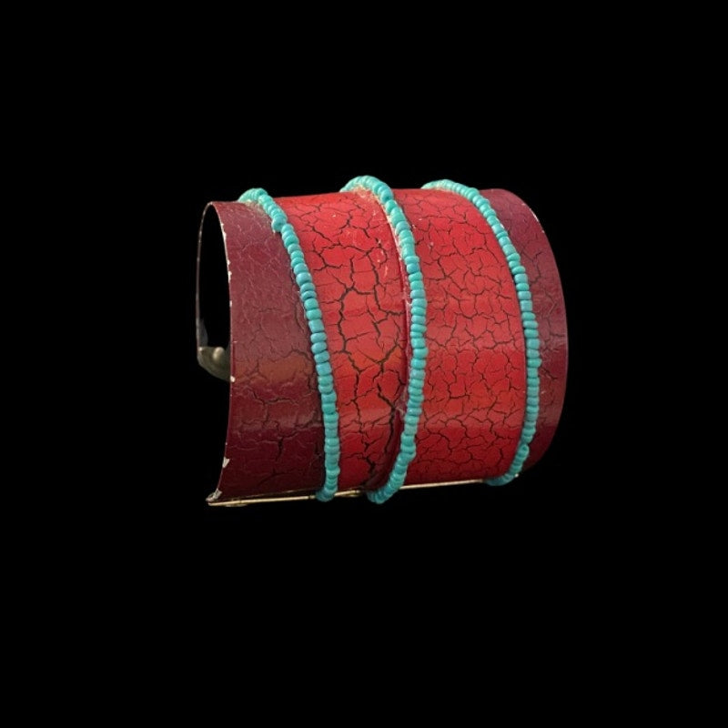 Upcycled Vintage Turquoise Beaded Red & Magenta Pleather Cuff Bracelet