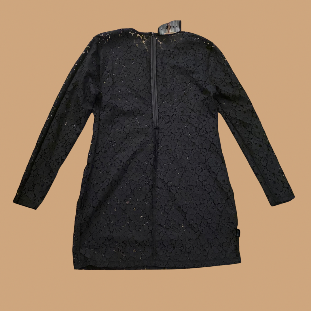 Black Cotton Long-sleeve Lace Party Dress (M)