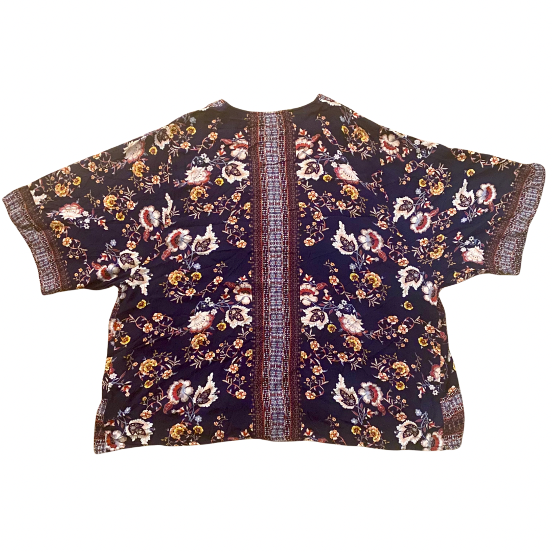 Navy Blue Floral Open Front Rayon Kimono-Inspired Cardigan (L)