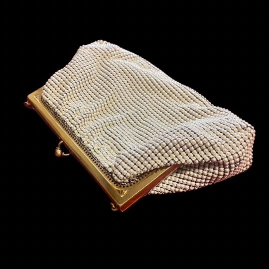 Vintage Small 60’s/70’s Pearly White Acrylic Mesh/ Brass Metal Frame Evening Bag