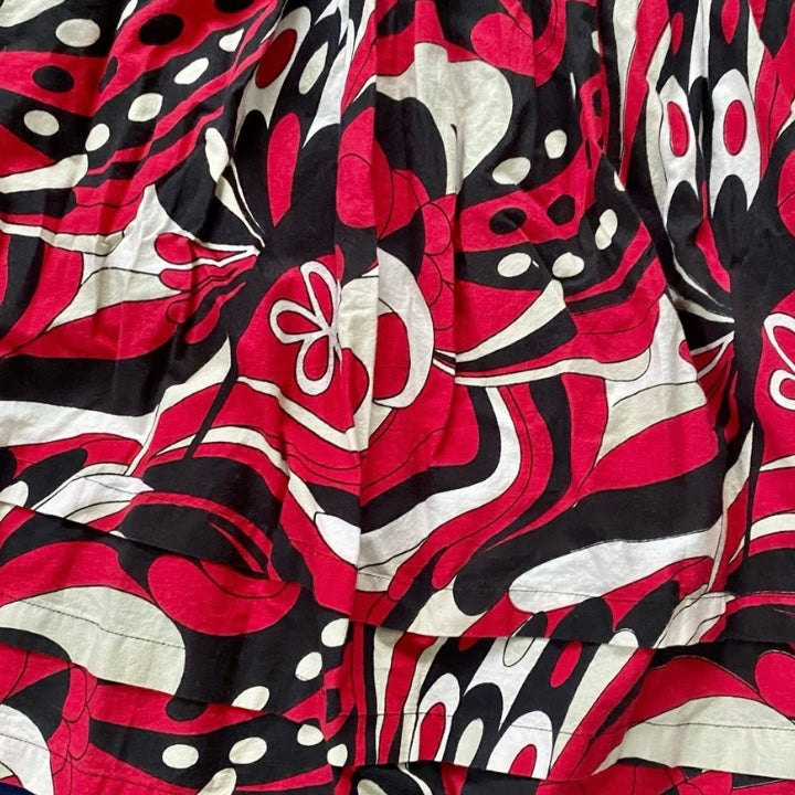 🔔 100% Cotton Red/ Black/White Retro Groovy Floral Circle Midi Skirt w/ Sash (L)