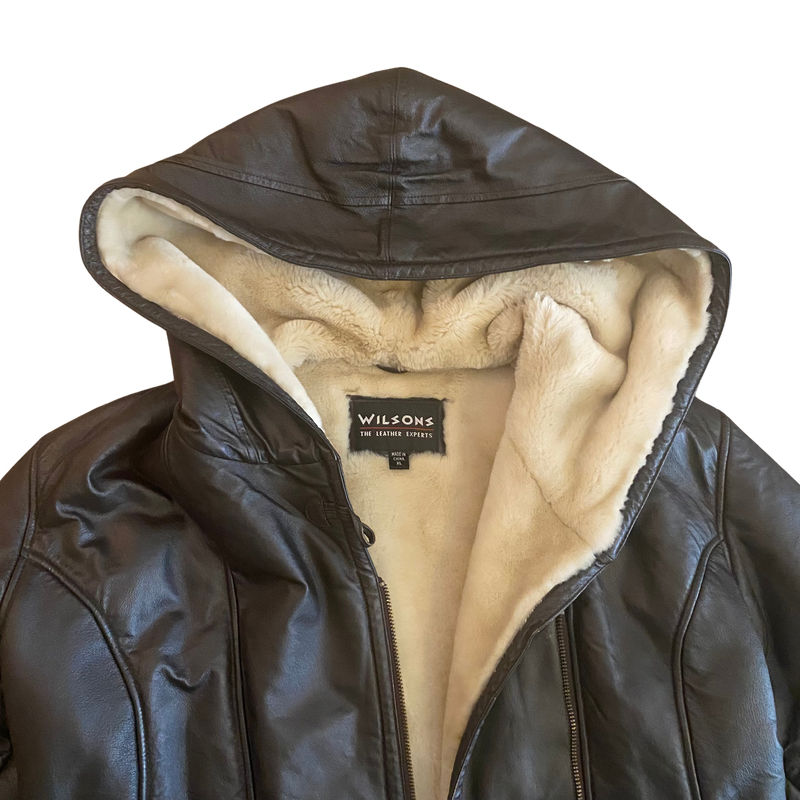 Vintage Wilson’s Chocolate Brown Leather Faux Fur Lined Coat (XL)