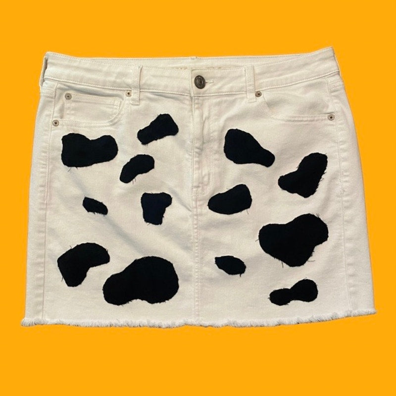 Upcycled White and Navy Blue Cowprint Stretch Denim Mini Skirt (16)