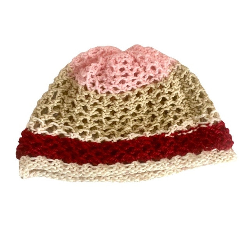 Pink/Tan/Red/Cream Colorblock Retro Style Knit Mesh Skull Cap (S/M)