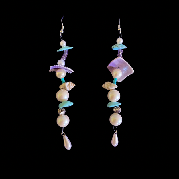 Alana | Purple/ Multi Shell Mock Pearl Beaded Wavy Dangle Earrings