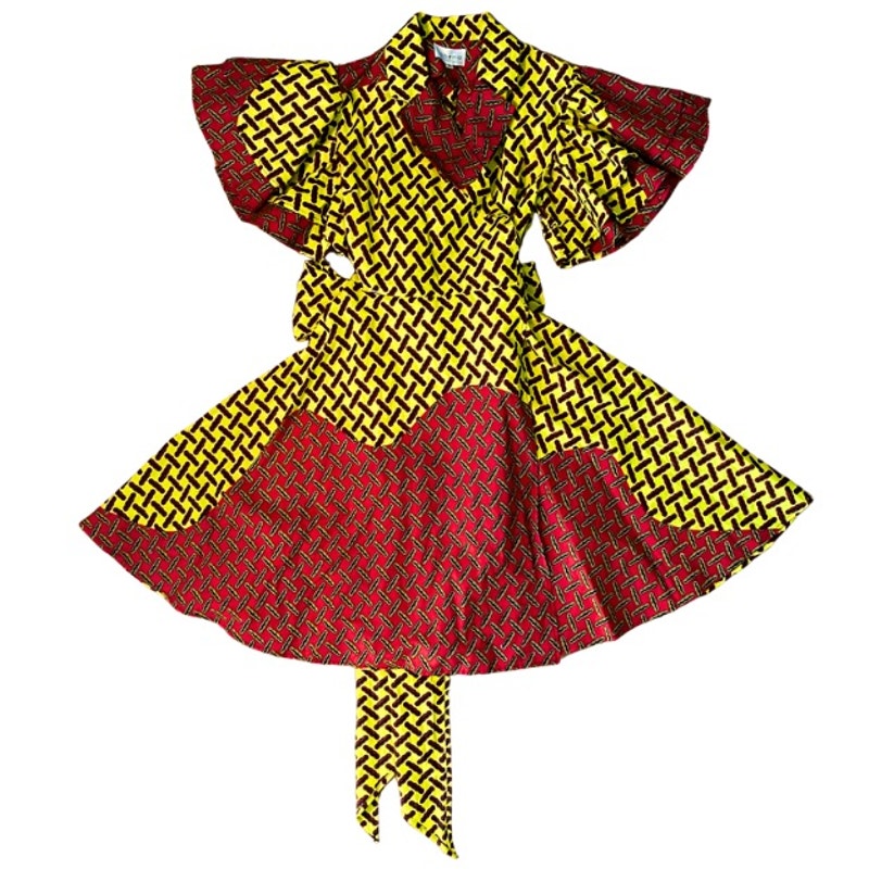 Vibrant Yellow Black & Red Geometric Ankara Print 100% Cotton Layered Wrap Dress (S)
