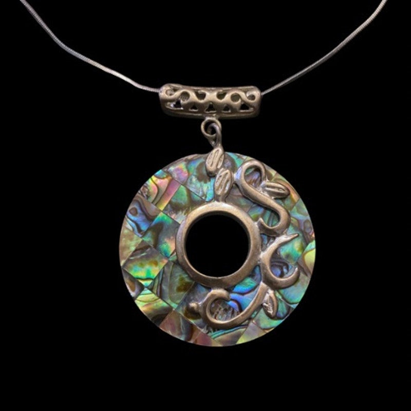 Fantastical Holographic Round Abalone Shell Mosaic Silver Vines Pendant Necklace