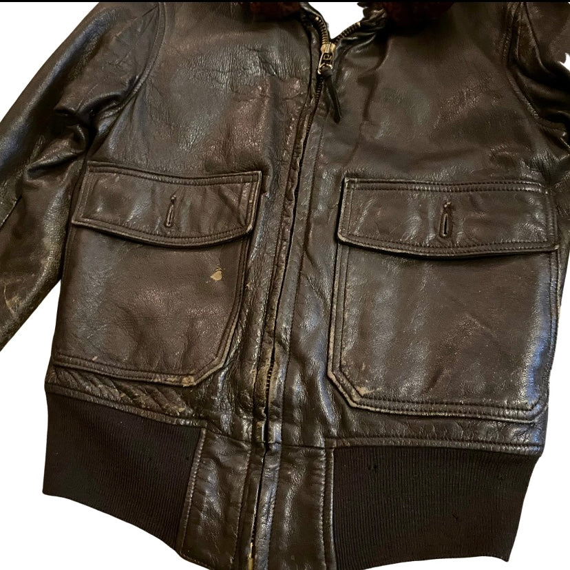*RARE VINTAGE* 1960s USN Men’s Type G-1 Chocolate Brown Leather Flight Jacket with Fur Collar (36)