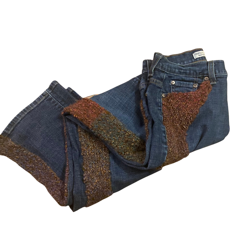 70’s Inspired Upcycled Secondhand Levi Bootcut 512 Jeans with Handknit Accents (10 M)