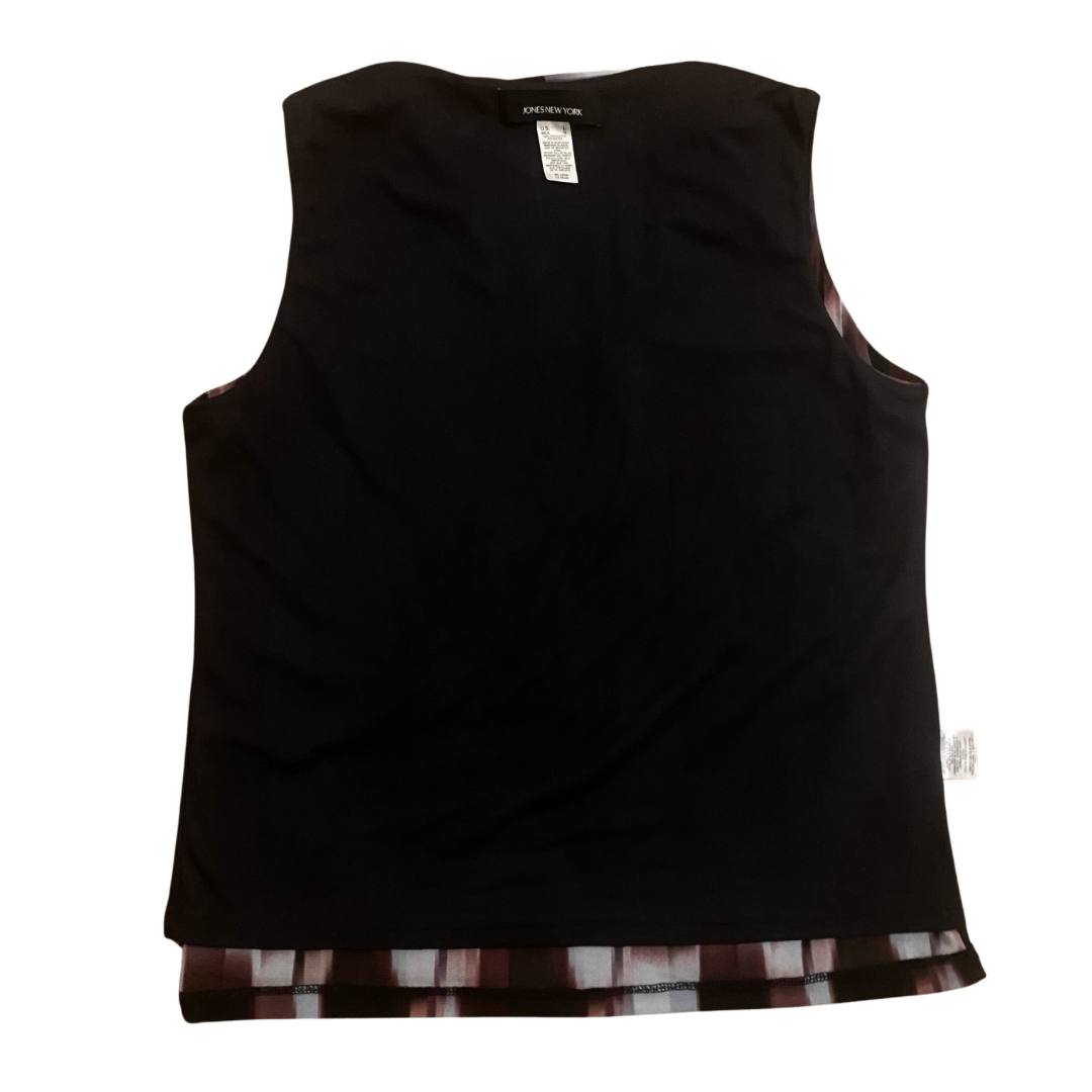 Black, Purple, & Blue Graphic Print Tie-Front Sleeveless Blouse (L)