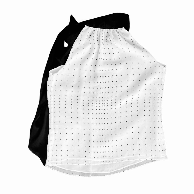 60’s Mod Black & White Polka Dot Sleeveless Bow Collar Blouse (M)