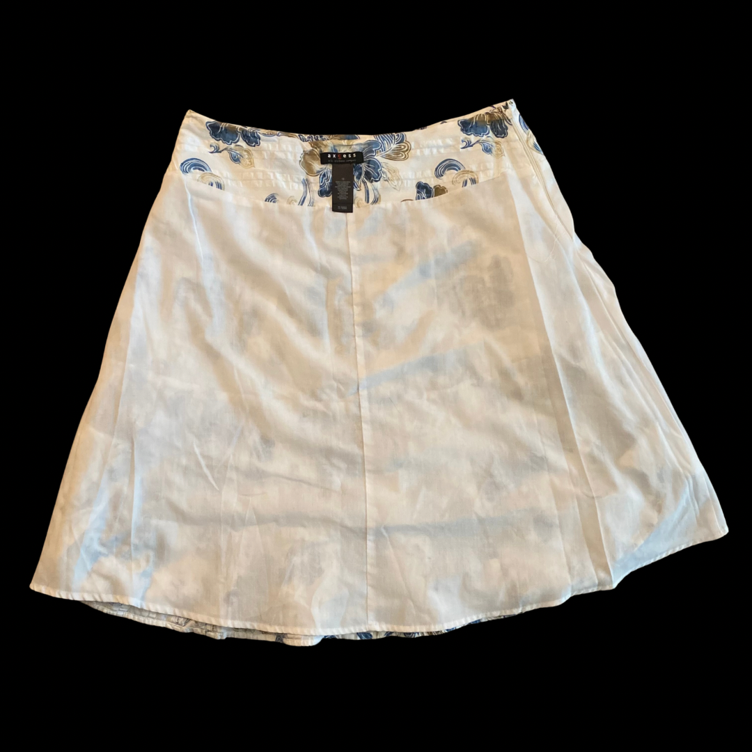 White/ Gold/Blue Cotton Hibiscus Print Skirt (10)