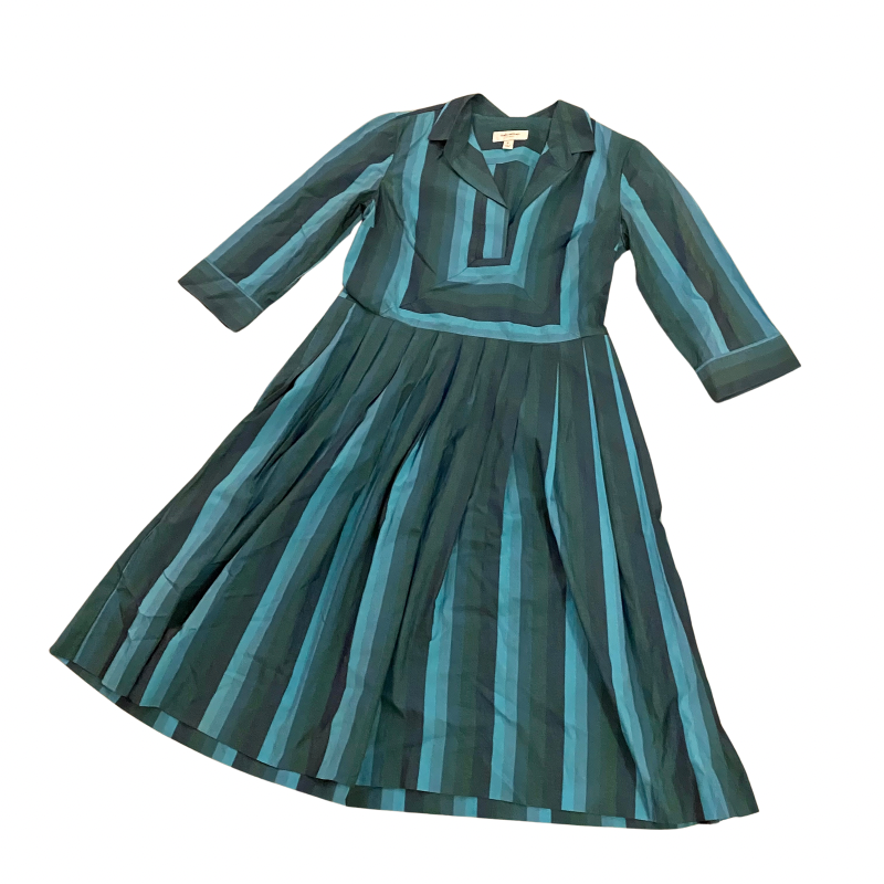 π Issac Mizrahi Blue Striped Collared Fit & Flare Pleated Midi Dress (14)
