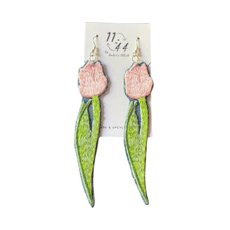 Upcycled Vintage Pink Tulip Embroidered Patch + Denim Earrings