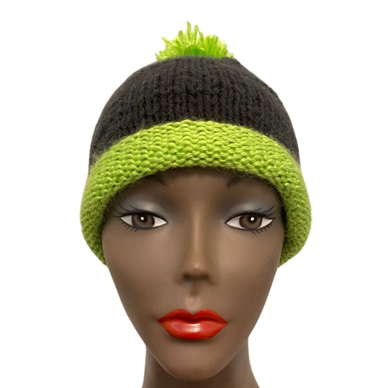 Black & Lime Green Pom Pom Knit Beanie (L)