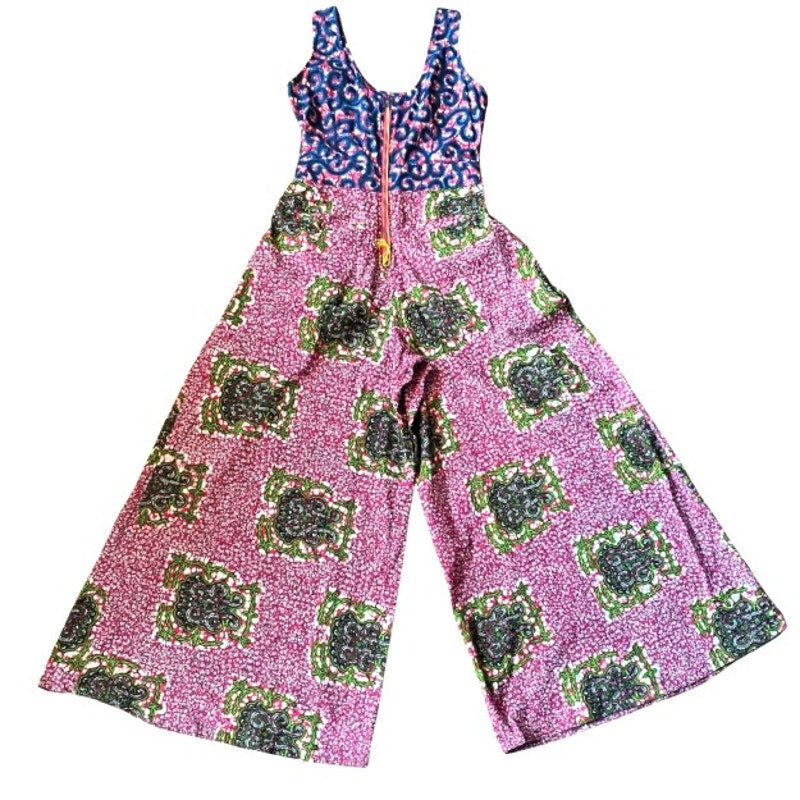 Vibrant Hot Pink, Royal Blue, Lime Green Abstract Ankara Print Wide-Legged Sleeveless Cotton Jumpsuit (M)