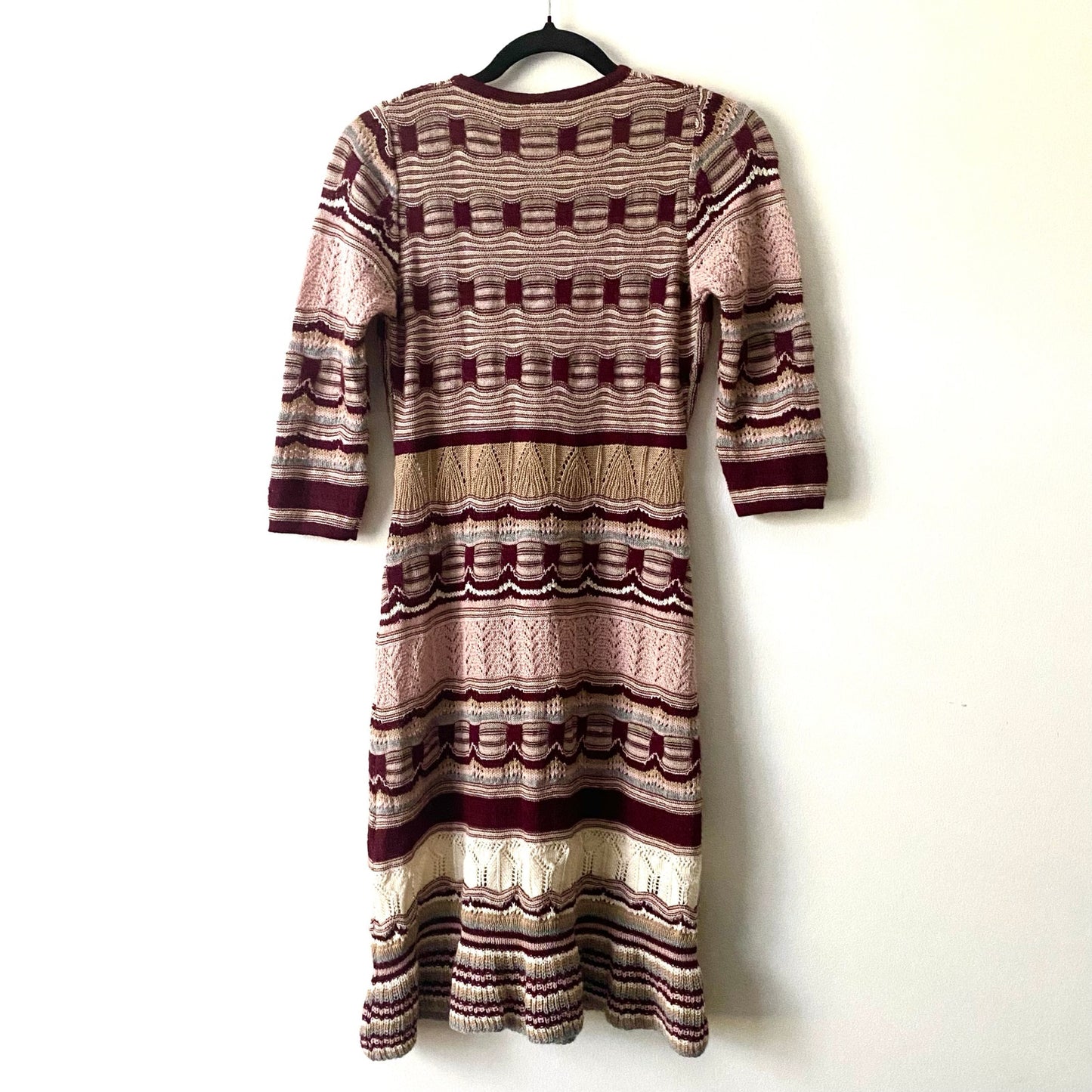 NWT V-Neck Pink/ Burgundy/ Cream/ Striped Baby Alpaca Wool Knit Ruffle Hem Dress (L)