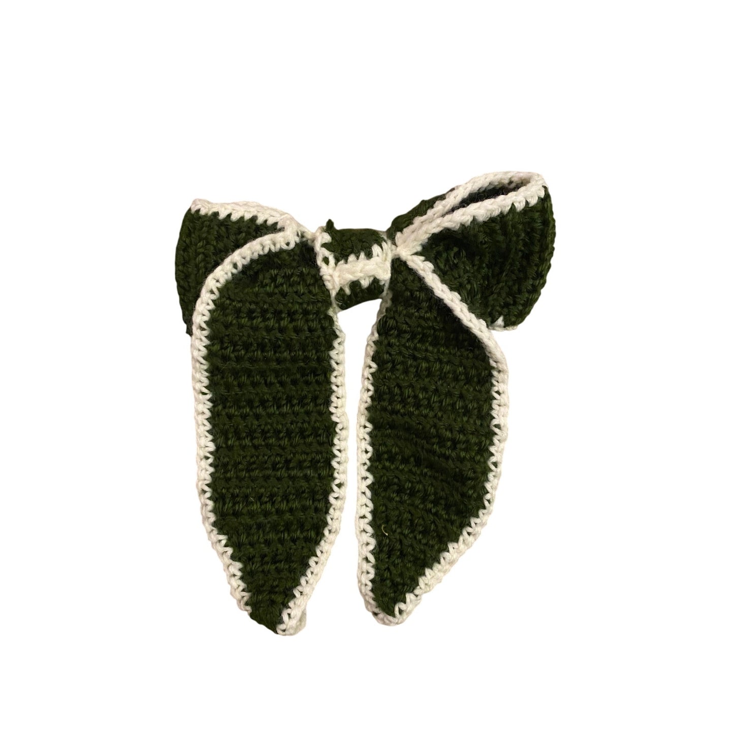 Forest Green Crochet Bow with Cream Trim - Handmade Accessory with Removable Clip