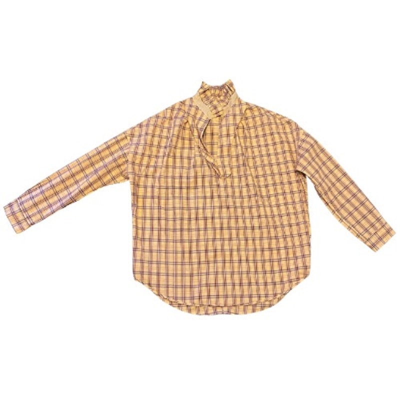 NWT Oversized Peach/Burgundy/Tan Plaid Ruffle Collar Long Sleeve Cotton Shirt (M)