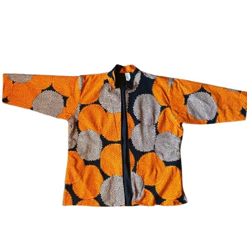 Orange/ Black/ Beige Chrysanthemum Ankara Print Print Open-Front Cotton Jacket (L)