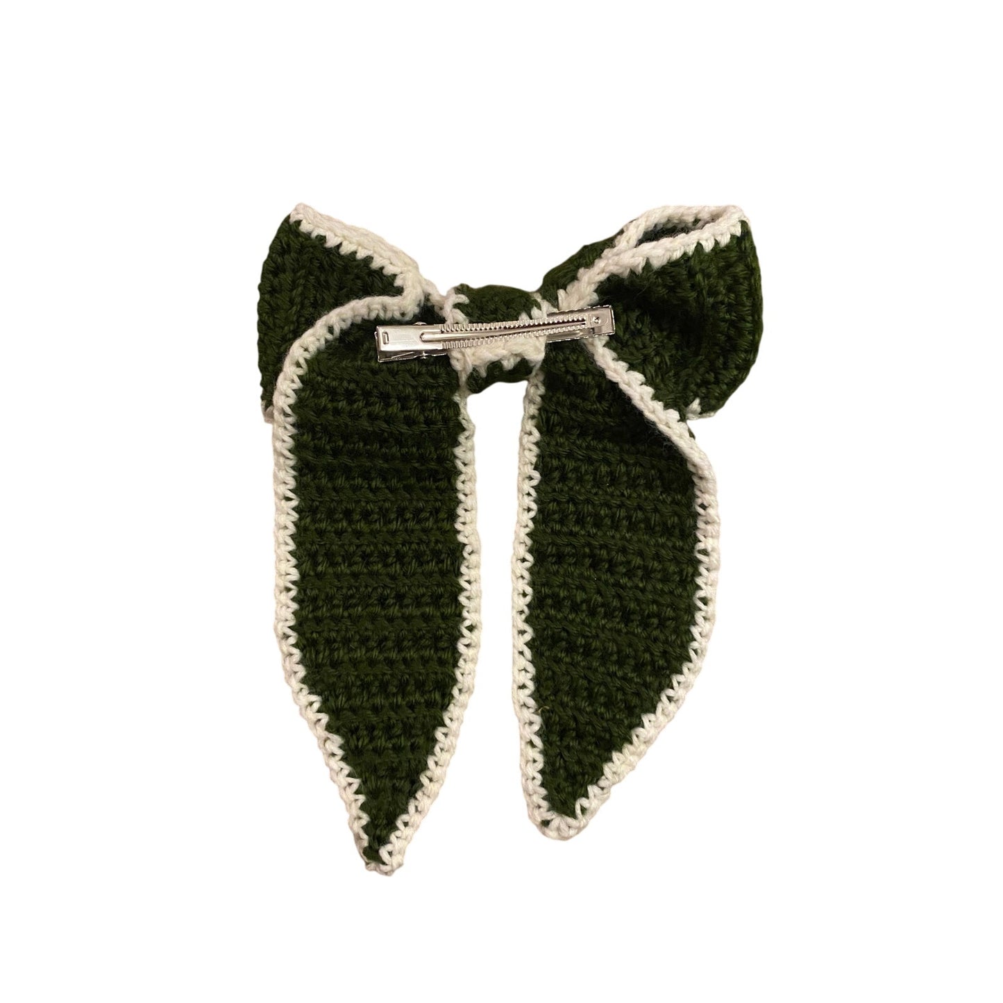 Forest Green Crochet Bow with Cream Trim - Handmade Accessory with Removable Clip