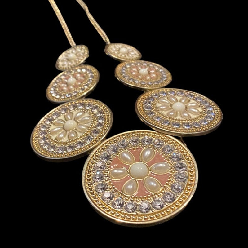Pink Mock Pearl & Rhinestone Studded Gold Toned Disc Bib Necklace