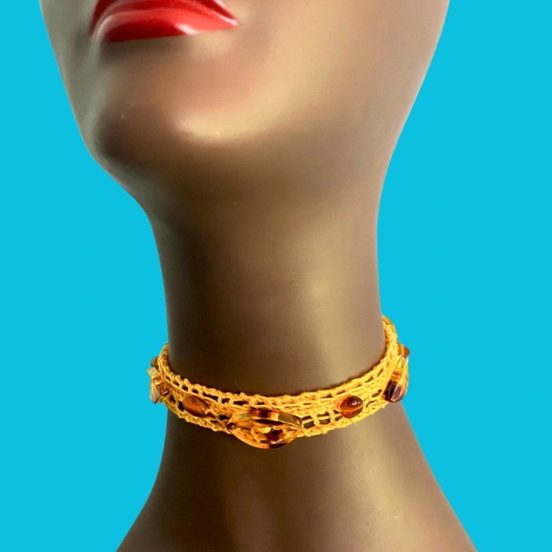Lemon Yellow Button Embellished Handknit Cotton Choker Necklace
