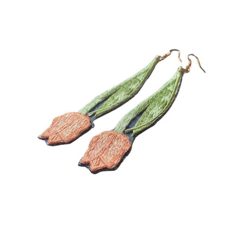 Upcycled Vintage Yellow Tulip Embroidered Patch + Denim Earrings (Upside Down)