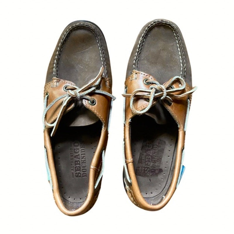 Two-toned Dark Grey/Cognac Brown Leather Sebago Docksides Loafers with Rawhide Laces (Men’s 8.5)