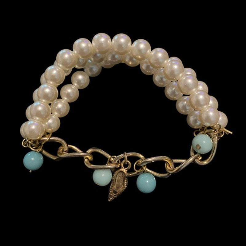 Triple Strand Faux Pearl and Aquamarine Beaded Stretch Bracelet