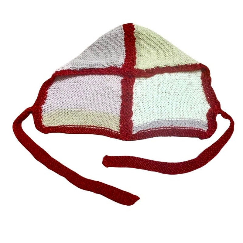 Striped Knit Cherry Red/ Neapolitan Bonnet-clava - Balaclava with Tie Closure (M)