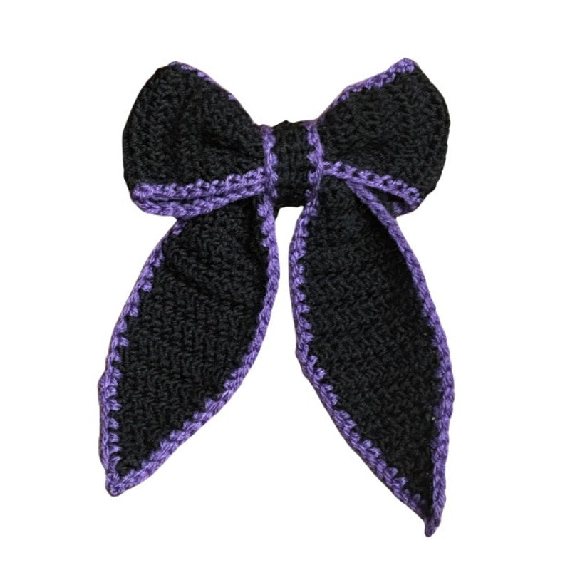 Black Crochet Bow with Purple Trim - Handmade Accessory with Removable Clip