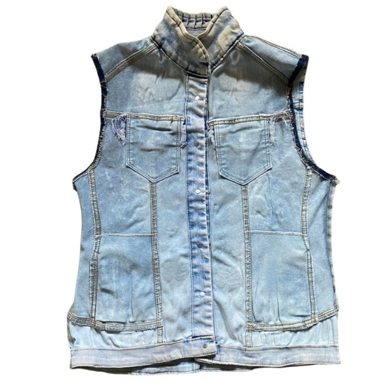 Upcycled Flower Garden Vintage Patch Embellished Sleeveless Acid Wash Jean Vest (M/L)