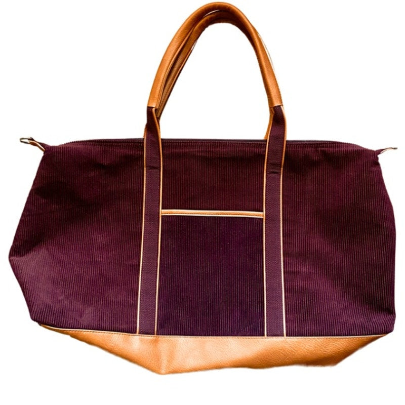 Large Maroon Corduroy Tan Faux Leather Weekender Bag with Adjustable Shoulder Strap