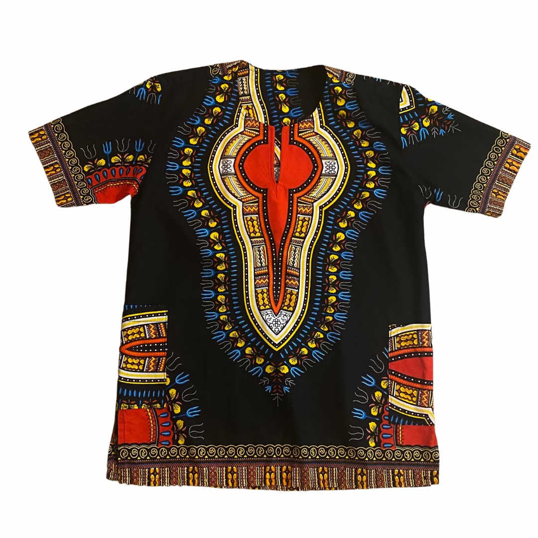 Unisex Red, Black, White, Yellow & Blue Printed Dashiki Shirt (L)