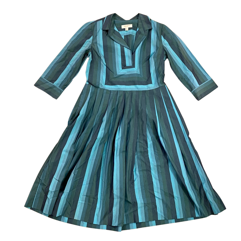π Issac Mizrahi Blue Striped Collared Fit & Flare Pleated Midi Dress (14)