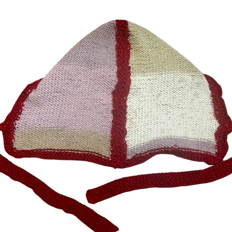 Striped Knit Cherry Red/ Neapolitan Bonnet-clava - Balaclava with Tie Closure (M)