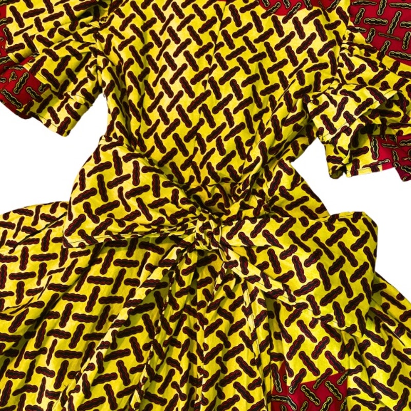 Vibrant Yellow Black & Red Geometric Ankara Print 100% Cotton Layered Wrap Dress (S)
